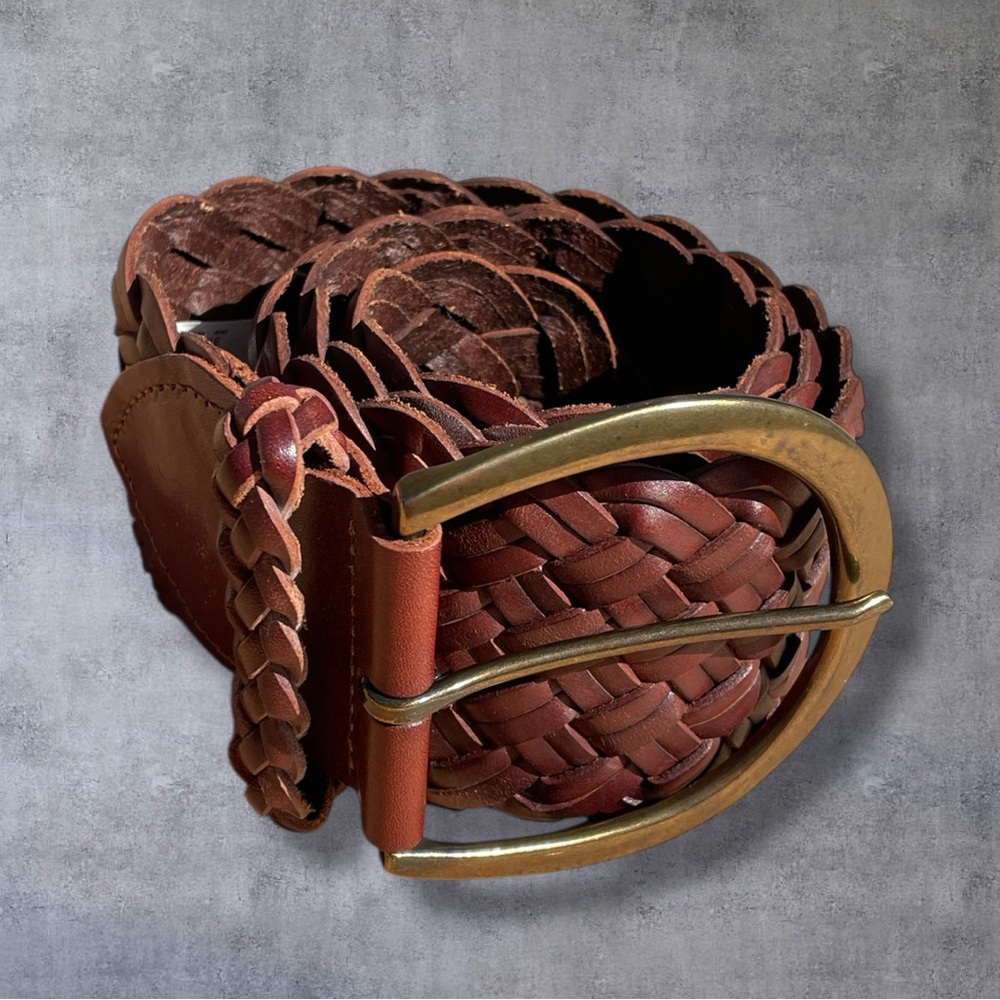 Express Genuine Leather 
 Bohemian Woven Brass-Tone Buckle Mahogany Brown Belt S
